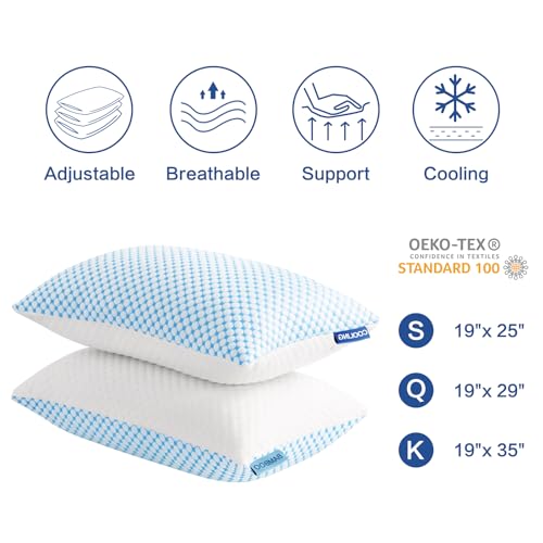 King Size Cooling Pillow Set of 2 - Adjustable Shredded Memory Foam Pillows