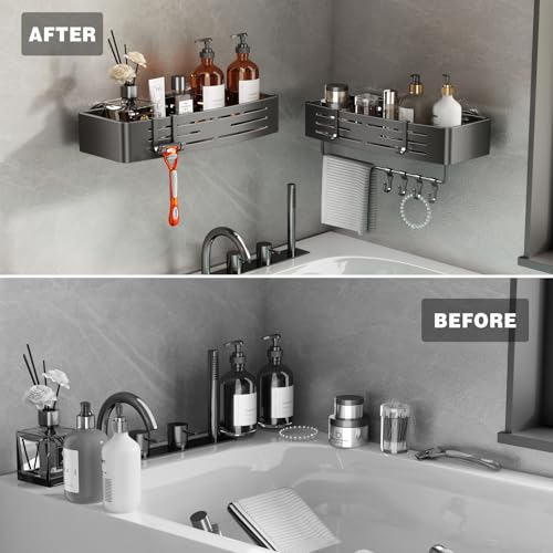 Suction Cup Shower Caddy Rectangle 3 Pack - No Drilling Bathroom Organizer with Towel Bar & Hooks