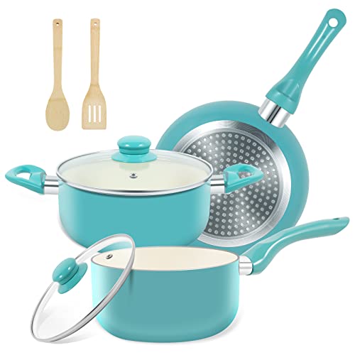Non-Stick Ceramic Pots and Pans Set 8" Skillet + 1.5QT Saucepan + 3QT Stockpot - Turquoise