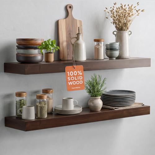 Homeforia 30-Inch American Walnut Floating Shelves Set of 2 | Solid Pine Wall Storage