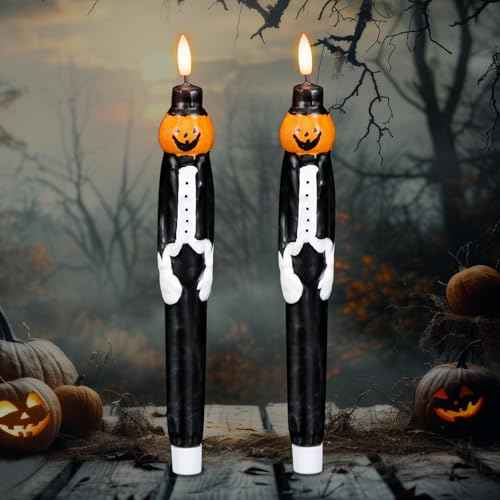 Halloween Flameless Taper Candles, Black and Pumpkin LED Flameless Candlesticks with 6H Timer, 2 Pack Halloween Pumpkin Candelabra with 3D Flame for Fall Home Decor(0.78¡± x 11.6¡±)