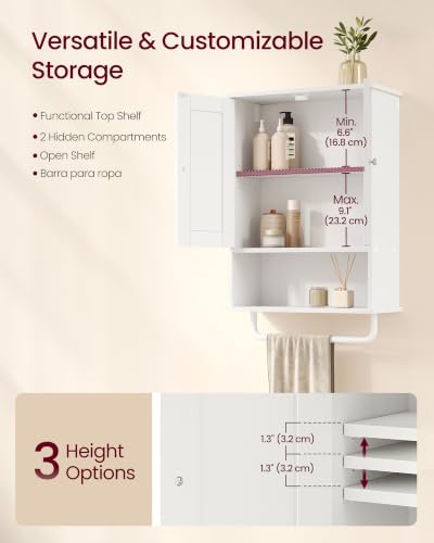 VASAGLE Cloud White Wall Mounted Bathroom Cabinet with Towel Rod, 2 Doors & Adjustable Shelves