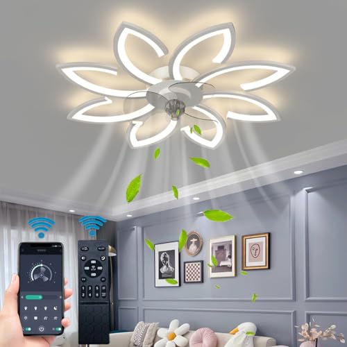 35-Inch Bladeless Ceiling Fan with Lights - White, 3-Color Dimmable LED, Remote & App Control, Low Profile, Modern Design - Variation: White