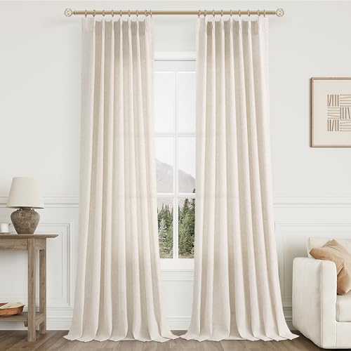 Aersas Natural Linen Curtains 108 Inch Pack of 2 - Cream Pinch Pleated Semi Sheer Drapes for Living Room & Bedroom, 40"W x 108"L