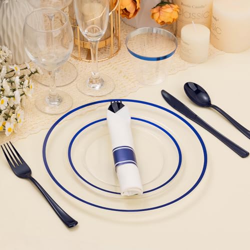 Blue Disposable Plastic Plate Set for 50 Guests - 350 Pieces