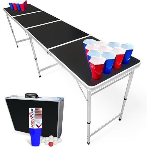 PARTYPONG 8-Foot Folding Table with Cup Holes & LED Lights - Black, Base Model