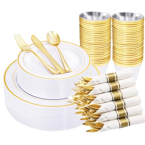 WELLIFE 210 Piece Gold Plastic Dinnerware Set, Include: 30 Dinner