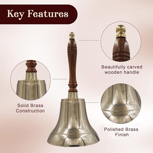 Polished Brass Hand Bell with Wood Handle 11in Heavy Solid Brass Station | THDC (Polish Variant)