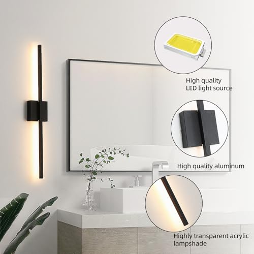 Black Wall Sconces Set of Two, 28 Inch Dimmable LED Bathroom Lights - Modern Minimalist Design