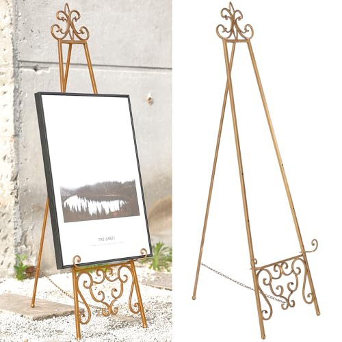 Gold Metal Easel Stand for Sign Display - Heavy Duty Adjustable Sign Holder - Fleur De Lis Top Variation