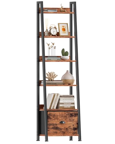 Furologee Rustic Brown 6-Tier Ladder Shelf with Fabric Drawer - Tall Storage Bookcase