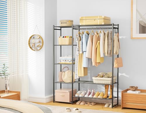 Black Medium Metal Closet Wardrobe with Storage Shelves & Hanging Rod