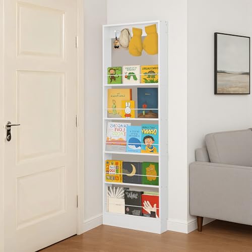 Kids Behind Door Bookshelf - 5-Tier Wooden Bookcase for Kids Room, White, 23.6''L x 3.94''D x 72.85''H
