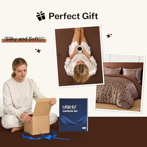 Queen Comforter Set Brown Leopard Reversible Satin Microfiber Bedding 3 Pieces - 10 Variation