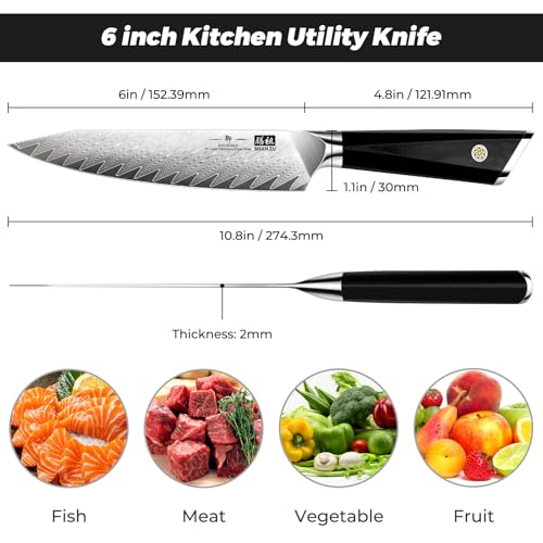 Damascus Chef Knife 6 Inch - 67-Layer Japanese Steel, Sharp & Durable