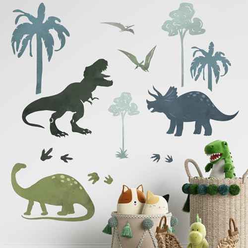 Yovkky Dinosaur Tropical Plant Wall Decals Stickers, Dino Palm Tree Footprints Toddler Baby Nursery Decor, Feet Tracks Paw Prints Home Decorations Kids Bedroom Playroom Art