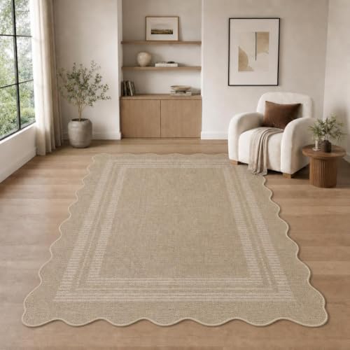 GarveeHome 6'x9' Tan Scalloped Area Rug - Washable Non-Slip Low Pile Jute Style