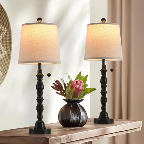 Terpsichore Set of 2 Black Farmhouse Table Lamps with Fabric Shades - 26.25 Inch Bedside & Living Room Decor