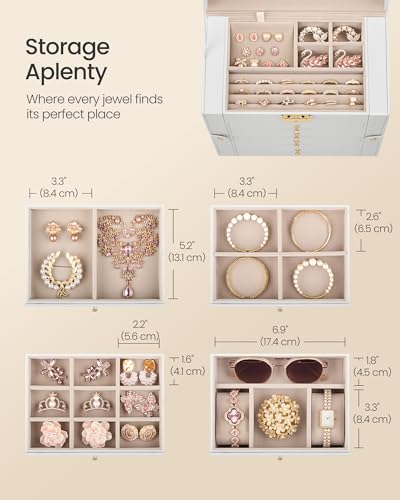 Jewelry Box Organizer 5 Tiers with Mirror & Lock - Cream White, 5-Layer