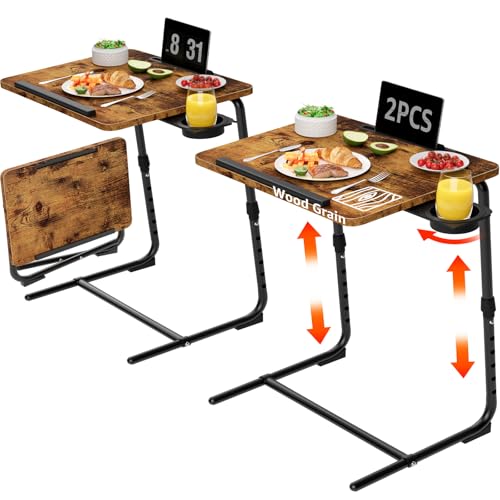 Rustic Folding TV Trays Set of 2 - Adjustable Height Wooden Couch Tables with Cup Holder
