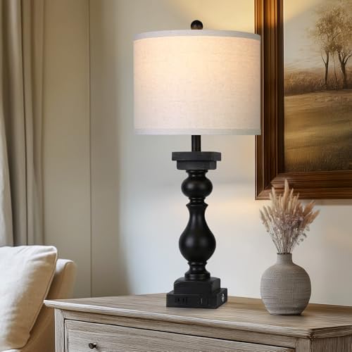 Black Farmhouse Table Lamps Set of 2 with USB A+C & AC Outlets - 28 Inch Touch Rustic Bedside Lamps