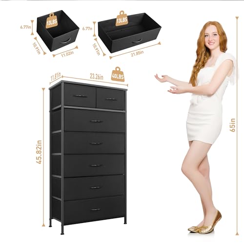 Tall Dresser with 7 Drawers - Black Vertical Storage Tower for Bedroom