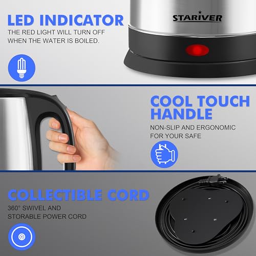 Stariver 2.5L Large Electric Kettle - Black Silver BPA-Free Stainless Steel Water Boiler