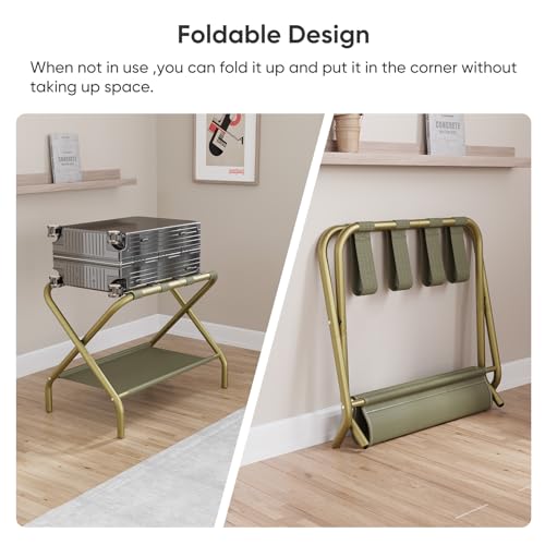 Gold Luggage Rack Set of 2 Foldable Suitcase Stands with Fabric Shelf for Hotel & Bedroom