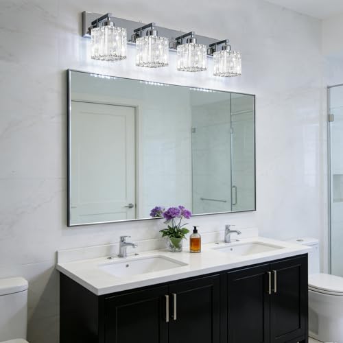 LKHF Chrome-Square Shade 4-Light Crystal Bathroom Vanity Light Fixture