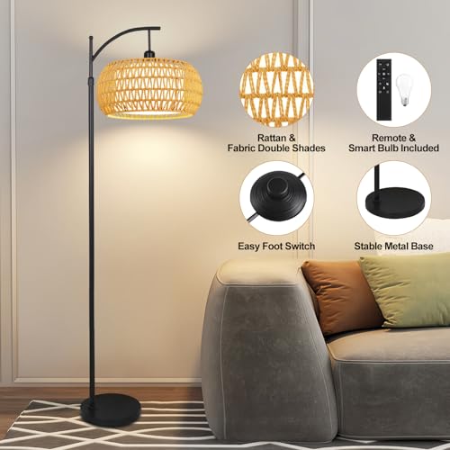 Yellow Rattan Boho Floor Lamp with Remote Control Dimmable LED Tall Lamp for Living Room