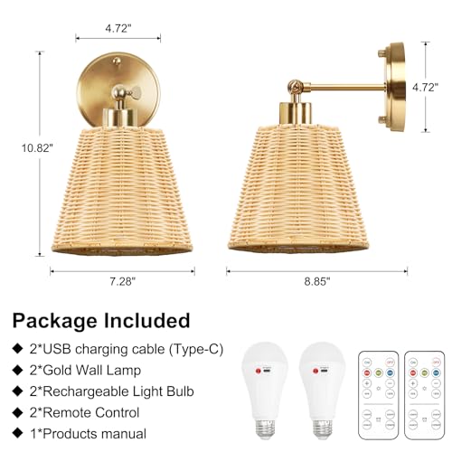 FRIDEKO HOME Gold Rattan Rechargeable Wall Sconces Set of 2 with Remote, Dimmable & Adjustable