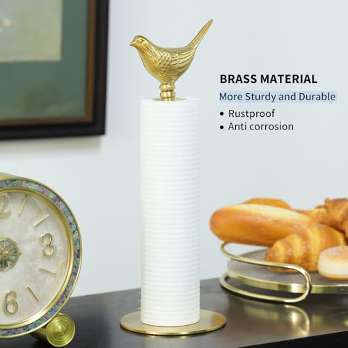 YACSNBF Gold Brass Paper Towel Holder with Bird Decor - Countertop Kitchen Organizer