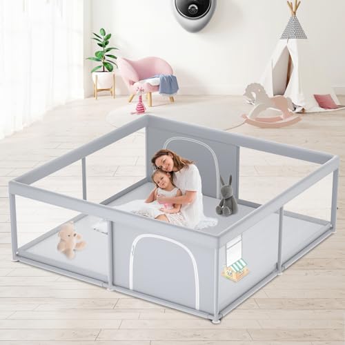 XVISHX 79x79 Inch Extra Large Baby Playpen with Soft Breathable Mesh, No Mat, Grey