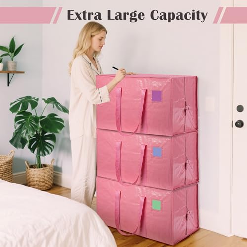 Pink 12 Pack Heavy Duty Waterproof Moving Bags 93L with Full-Open Side Zipper