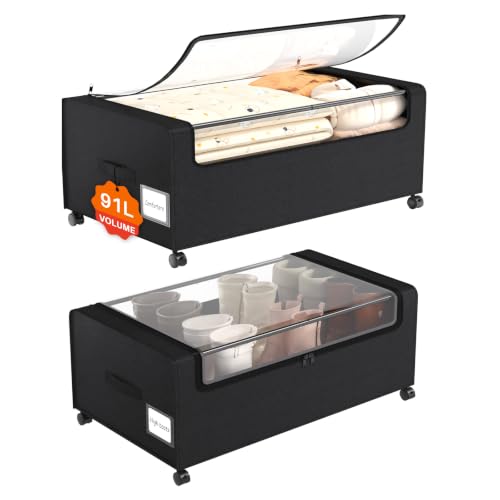 Webetop Under Bed Storage Containers with Wheels - 12 Inch Black Bin - Locking Casters & Clear Lid, 2-Pack