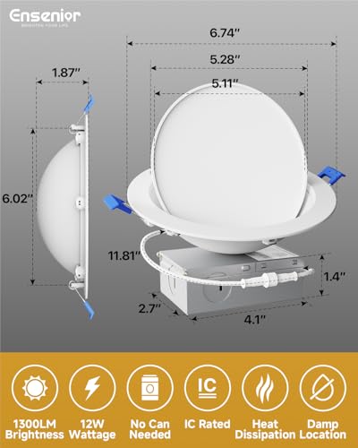 Ensenior 6 Pack 6 Inch Dimmable LED Recessed Gimbal Lights White 5CCT
