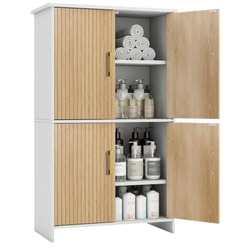 Tltaroni White Bathroom Storage Cabinet - Tall Freestanding with 4 Fluted Doors & Adjustable Shelves, Modern Wooden Design