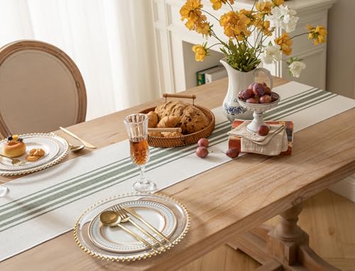 Caflife Green Beige Boho Table Runner 13x90 Inch with Handcrafted Tassels, Farmhouse Decor