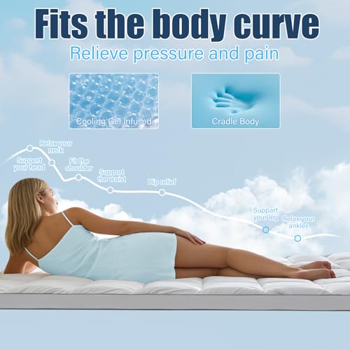 Aodenge White 4 Inch Dual Layer Queen Mattress Topper with Cooling Gel Memory Foam & Pillow Top, Deep Pocket