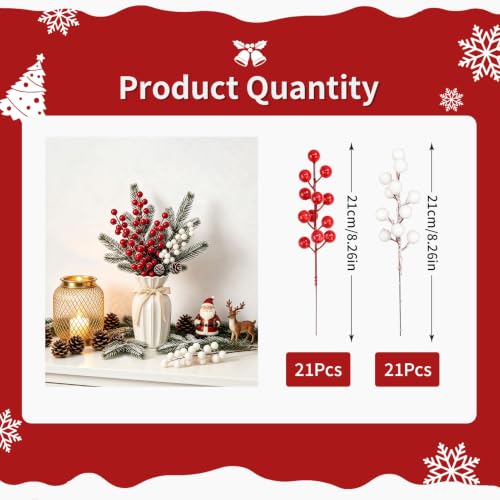 Naplings 42pcs Red & White Artificial Berry Stems for Christmas Decor