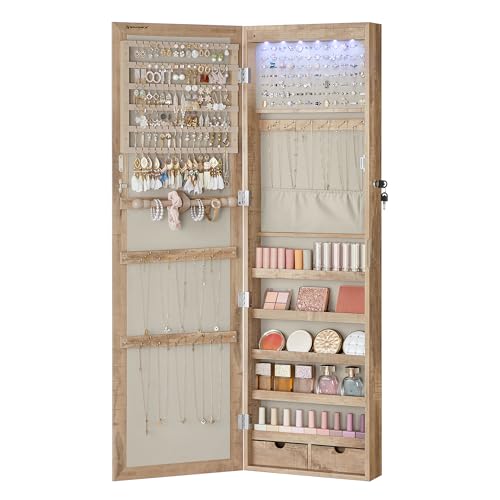 Jewelry Cabinet with Full-Length Mirror & LED Lights - Tall 47.2-Inch, Lockable, Toasted Oak