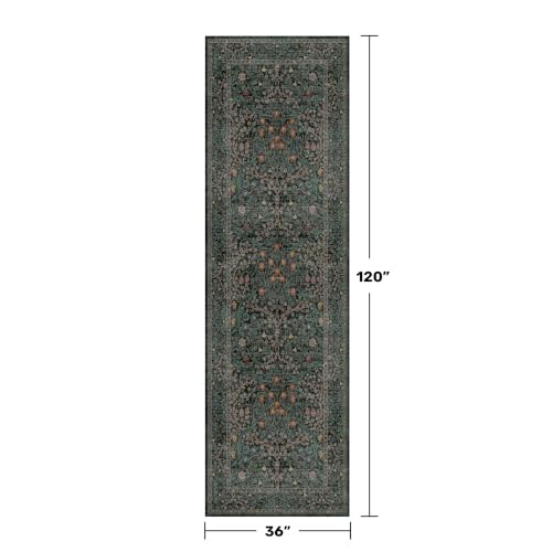 Dark Green & Black 3x10 ft Extra Long Runner Rug for Hallway Kitchen Non Slip Washable Vintage Floral