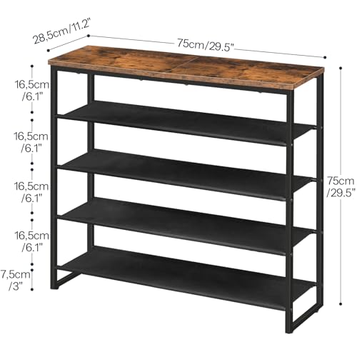 5-Tier Shoe Rack Organizer with Oxford Fabric Shelves and Rustic Brown Top Panel - 29.5 x 11.2 x 29.5 Inches, Black & Brown Variation