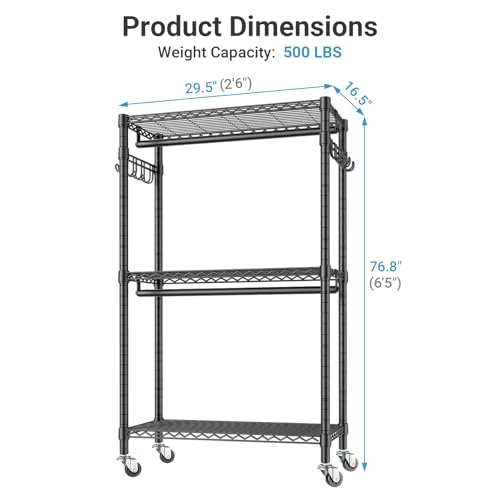 Black R2 Medium Clothes Rack for Hanging Clothes with Lockable Wheels