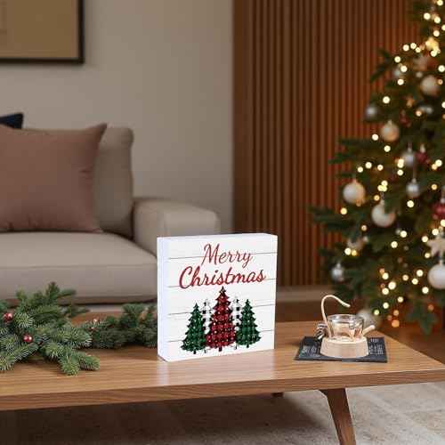 Christmas Table Decorations Christmas Decor Indoor Home Room Buffalo Plaid Tree Office Bathroom Wood Box Sign Rustic Wooden Shelf Desk Decor Season Sign House Warming Gifts 5.9 x 5.9 Inch