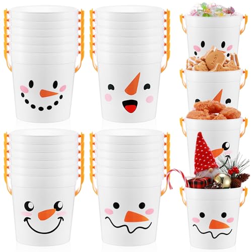 12 Pack Christmas Snowman Plastic Buckets with Handles - Holiday Party Candy & Gift Bails, 4.69 x 3.78 x 4.8 Inches