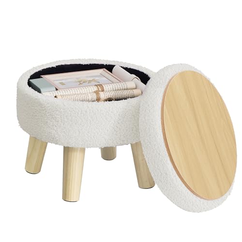 SONGMICS White Round Small Storage Ottoman Footstool with Legs, 12.2 Inch