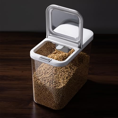 Rice Dispenser 20-25 lbs with Measuring Spoon - Transparent Food Container - White Grey Variation