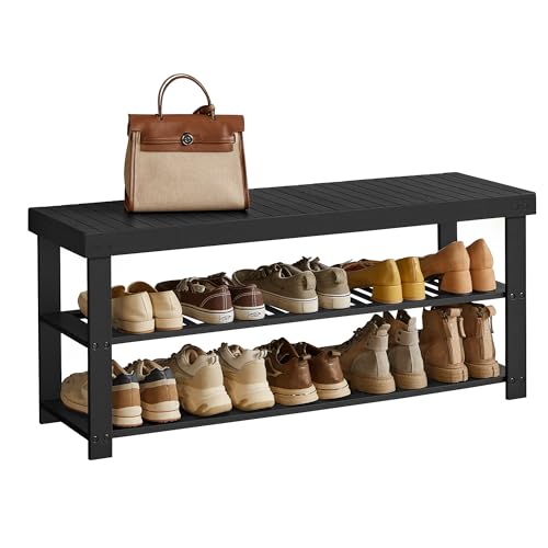 Shoe Rack Bench 3-Tier Bamboo Entryway Storage, 42.9W In Black
