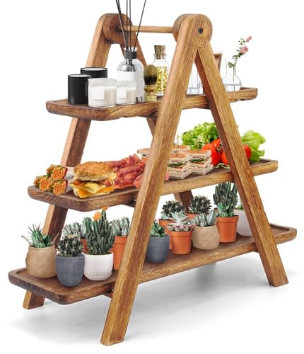 Brown Wooden 3-Tier Serving Tray Cupcake Stand with Collapsible Ladder - 17.2 x 5.5 Inches